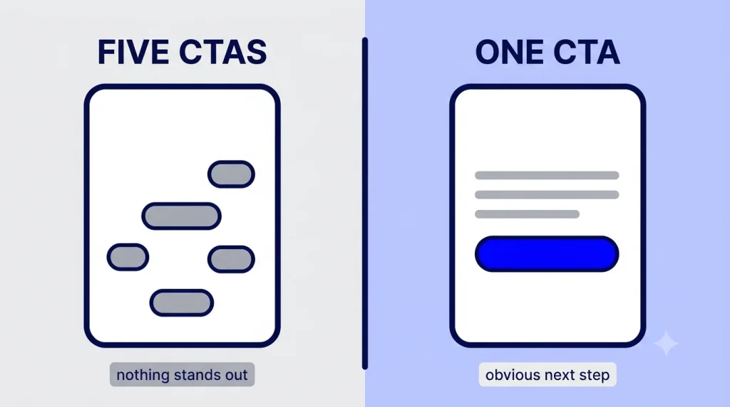 A page with five competing buttons versus a page with one clear call to action