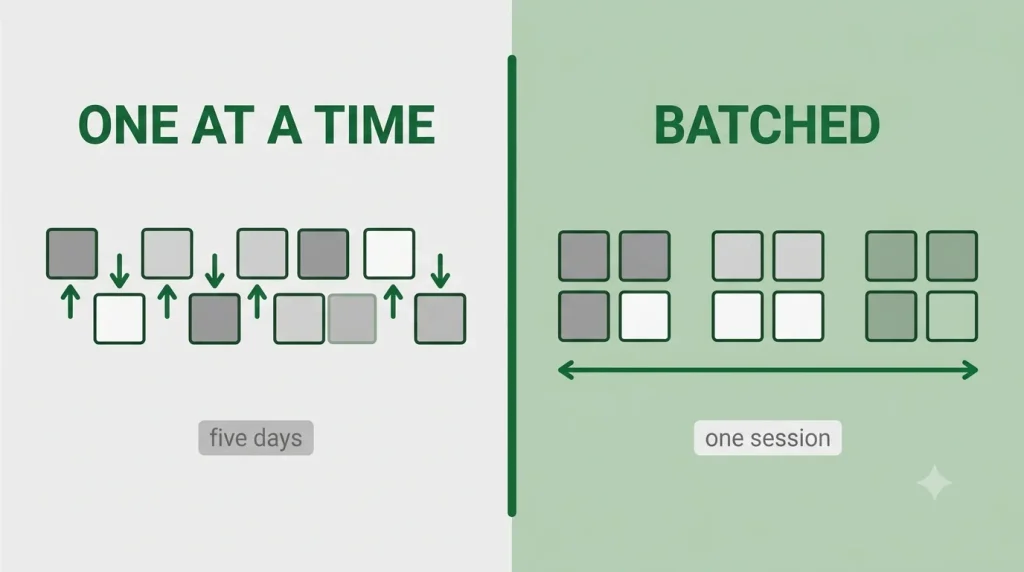 Scattered task switching across five days versus batching the same work into one focused session
