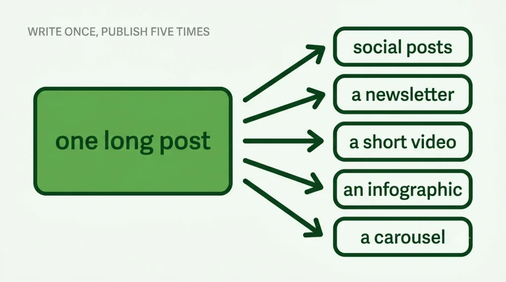 One long blog post repurposed into social posts, a newsletter, a short video, an infographic and a carousel
