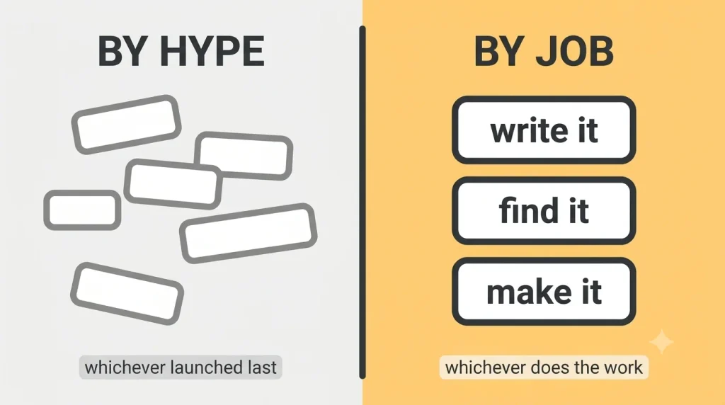 Choosing AI tools by whichever launched most recently compared with choosing by the job you need done