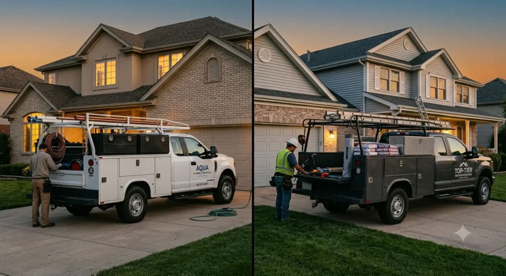 Two contractor work trucks parked side by side, representing two campaigns with the same cost per lead but different outcomes