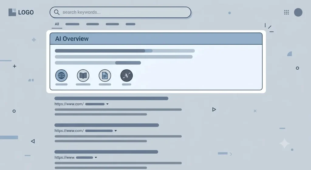 An AI Overview-style answer box with source citations beneath it, representing how AI search surfaces and cites content