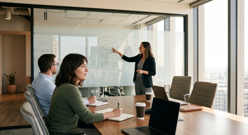 Strategist walking a client team through their marketing ownership framework