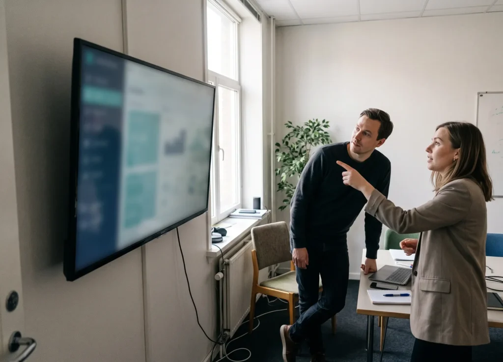 Two colleagues reviewing a data discrepancy on a shared screen